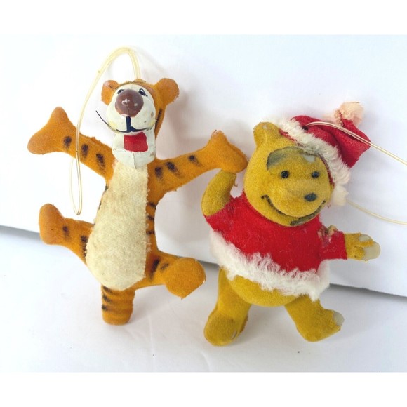 Vintage Winnie the Pooh Walt Disney Flocked Christmas Ornament Hong Kong Set 2 - Picture 1 of 11